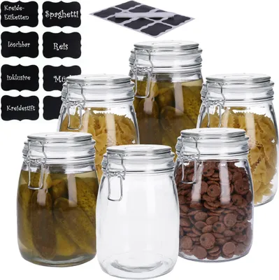 Obrázek produktu pro sada 6 sklenic s výklopným víčkem včetně 8 křídových nálepek a pera kulatého tvaru (6 x1000 ml)