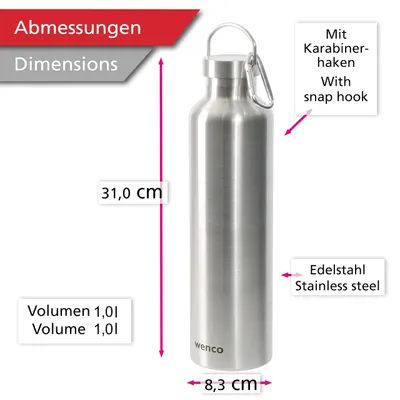 Produktbild von wenco Edelstahl Trinkflasche 1L isoliert auslaufsicher Thermoskanne BPA-frei