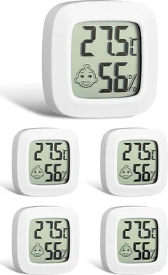 A collage of five mini room thermometers and hygrometers, each displaying the same temperature and humidity readings.