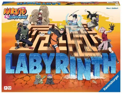 The image shows the box art for the Naruto Shippuden Labyrinth board game, featuring characters from the anime series navigating a maze.