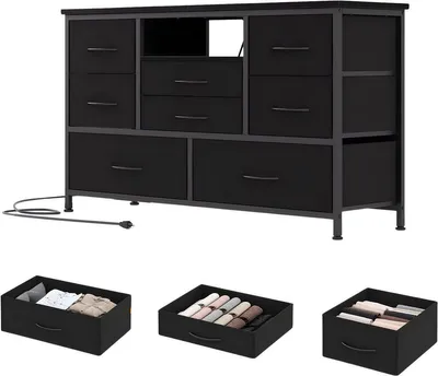 Productafbeelding van Ladenkast met 8 lades - TV-meubel met LED-verlichting - Metalen frame en stoffen lades - Zwart - 120 cm
