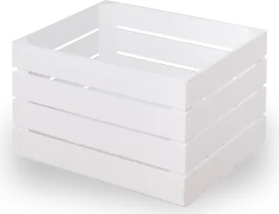 A white wooden crate is shown against a white background.