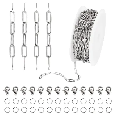 Produktbild von 10 m lange Edelstahl-Büroklammer-Gliederkette, flach, oval, mit Verschlüssen und Biegering-Verlängerung für DIY-Halsketten und Armbänder