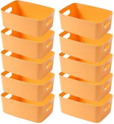 Productafbeelding van Unyqoos® Gele opbergmanden van kunststof met handgrepen, set van 10, afmetingen 20 x 14,7 x 7 cm – stapelbaar, geschikt voor badkamer, keuken en slaapkamer
