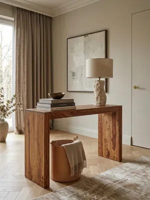 Konsolentische Sheesham Massivholz natur 40x115x75 cm in stilvoller Home Office-Einrichtung mit Dekoration und Accessoires aus der Vogelperspektive mit Ablagefach_#sku_SAFWL1.785#