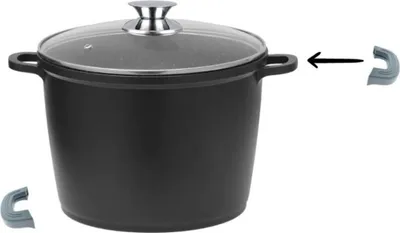 A black cooking pot with a glass lid and silver handle, shown with two detachable gray silicone handles.