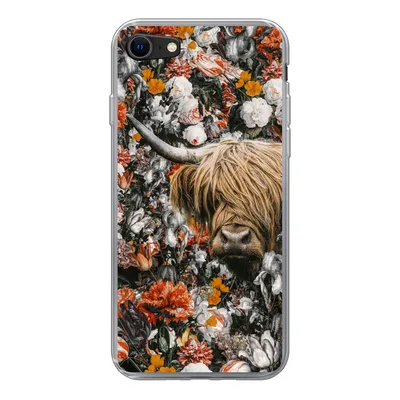 Produktbild von MuchoWow® Handyhülle Schutzhülle Hülle für iPhone SE 2022 Schottischer Highlander - Blumen - Orange Silikon Softcase Handy Hülle - Schutzhülle