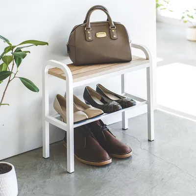Produktbild von Yamazaki Schuhregal mit Ablage weiß klein platzsparend schmal Metall Schuhablage für 2 Paar Schuhe 48x46x19cm "TOWER"
