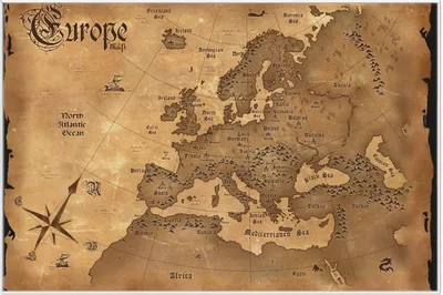 Produktbild von Wallario Wandbild Alte Weltkarte   Karte von Europa in englisch, Größe: 61 x 91,50 cm, Poster mit weißem Aluminiumrahmen