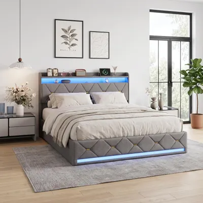 Produktbild von INONEFT Boxspringbett 140x200cm mit LED & USB-Ladegerät,Stauraumbett mit Bettkasten,Hydraulischbett Polsterbett mit Stauraum/Lattenrost, Leinen, Grau