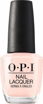 A bottle of OPI nail lacquer in a light pink shade with a black cap.