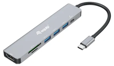Produktbild von Equip USB-C 7-in-1 Multifunktionsadapter, HDMI 4K/60Hz, USB 3.2 Gen1 x 3, TF/MICRO SD, 100W USB PD