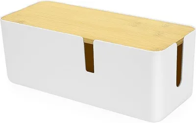 Produktbild von PolkaHome® Kabelbox mit Bambusdeckel, Kabelmanagement-Box, Kabelorganizer für Steckdosenleisten, Kabelkasten mit Öffnungen, Weiß,
