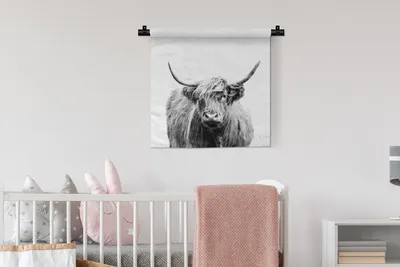 Produktbild von MuchoWow® Wandteppich Wandbehang Schottisches Hochlandrind - Porträt - Schwarz - Weiß 60x60 cm Tapisserie Dekoration Wandtuch - Dekorationen - Wand Decke
