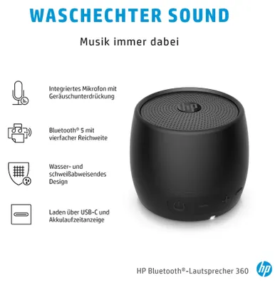 Produktbild von HP Bluetooth-Lautsprecher 360 (schwarz), Verkabelt & Kabellos, Tragbarer Mono-Lautsprecher, Schwarz, Zylinder, Tasten, Universal