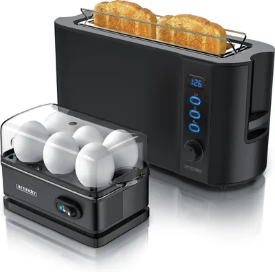 A black toaster and a black egg cooker with white eggs are displayed on a white background.