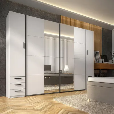Produktbild von Schlafzimmer Kleiderschrank 263 cm breit in Weiß mit 2 Drehtüren, 2 Schwebetüren & 6 Schubladen - SASSARI-166
