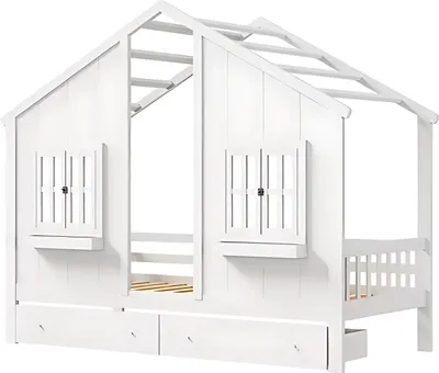 Produktbild von Kinderbett 90×200cm – Mit 2 Schubladen – Hausbett – Für Kinder – Kleinkinderbett – Mit Lattenrost – Ohne Matratze