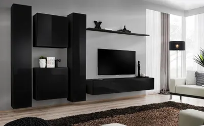 Produktbild von Schwarz Wohnwand TV Ständer Luxus Wohnzimmer Möbel Komplette Set 6 tlg Moderne