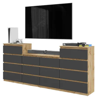 Produktbild von Kommodenset Wotan Eiche / Anthrazit Grau mit 14 Schubladen (4+6+4) – Großes Sideboard Set für Schlafzimmer & Wohnzimmer – GABRIEL