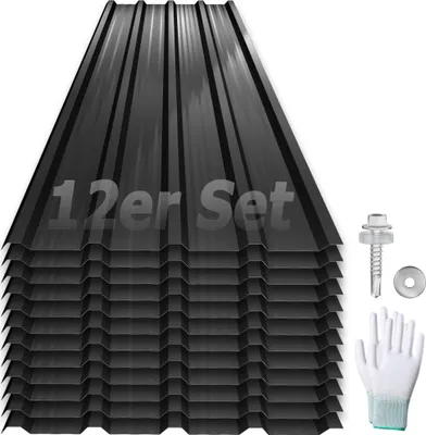 Produktbild von LARS360 12x Profilblech Trapezblech Dachblech, Verzinktes Stahlblech - Wellenprofil in Schwarz, Stahl Außenbereich Dachplatten, für Dächer, Carports