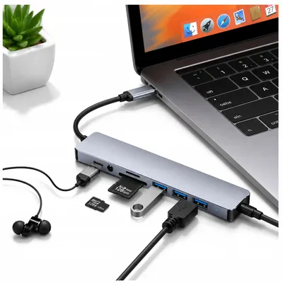 Zdjęcie produktu dla Hub USB 8-w-1, adapter USB-C/USB-A do laptopa, MacBooka, komputera PC, czytnik kart, wyjście audio