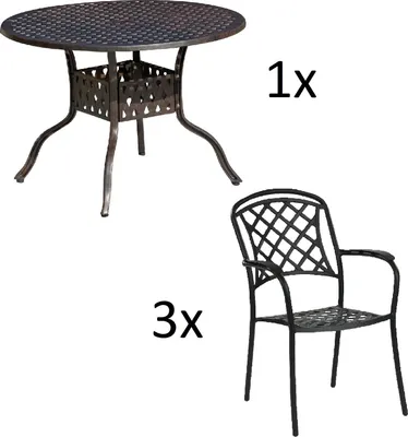 Produktbild von Inko 4-teilige Sitzgruppe Aluminium Guss bronze Tisch Ø 106 cm mit 3 Sesseln