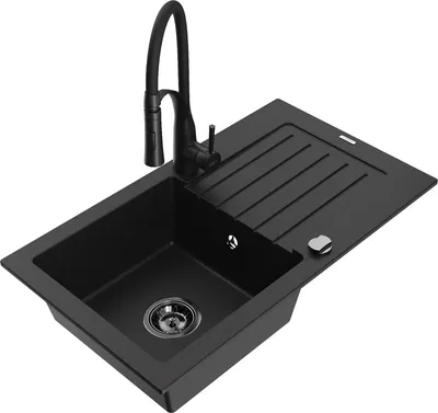 Produktbild von Mexen Pablo 1 Becken-Granitspüle mit Abtropffläche und Mischbatterie Aster, Schwarz - 6510-77-73450-70-B