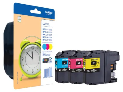 Produktbild von Brother LC125XLRBWBP, Hohe (XL-) Ausbeute, Cyan, Magenta, Gelb, Tinte auf Pigmentbasis, 3 Stück(e), 1200 Seiten, Multipack