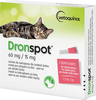 A product box for Dronspot flea treatment for cats, featuring an image of a cat and product details.