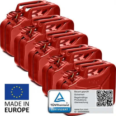 Produktbild von BW® Kraftstoffkanister Metall Benzinkanister 5x 10 Liter - Rot RAL 3000 - UN-Zulassung - Hergestellt in Europa