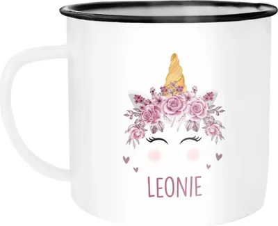 Produktbild von Kinder-Tasse Emaille Bär, Fuchs, Einhorn mit Namen personalisierte Namenstasse für Kinder Tiermotive SpecialMe® Einhorn emaille-weiß-schwarz standard