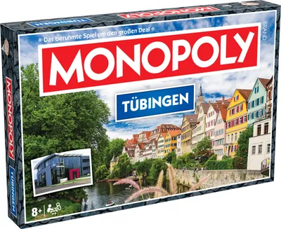 The image shows the front of a Monopoly board game box for the city of Tübingen.