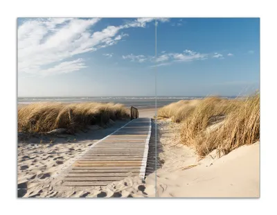 Produktbild von Wallario Herdabdeckplatte aus Glas, Größe 70 x 52 cm 2-teilig, Motiv Auf dem Holzweg zum Strand