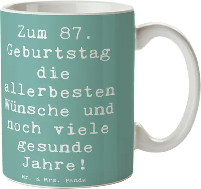 Produktbild von Mr. & Mrs. Panda Kaffeebecher Spruch 87. Geburtstag - Meeresbrise - Geschenk, Alter, Pott, Tasse, Geschenktasse, liebevolle Gedanken, Kaffeetasse, 87 Jahre alt, Jubiläum