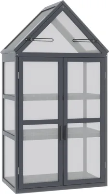 Produktbild von Mini Gewächshaus 3 Ebenen mit aufklappbarem Dach aus Holz Polycarbonat, wetterfest 70,5x42x132cm Frühbeet Pflanzenbeet Doppeltüren Natur