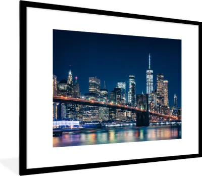Produktbild von MuchoWow® MuchoWow® Gerahmtes Poster New York - Nacht - Brooklyn Bridge 80x60 cm - Poster mit zchwarzem Bilderrahmen - Schlafzimmer-Dekorationen - Fotoposter