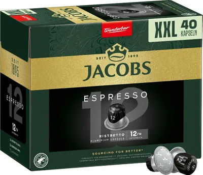 Produktbild von Jacobs Ristretto Espresso 12, Kaffeekapsel, Espresso, Ristretto, Nespresso, Schwarz, JACOBS DOUWE EGBERTS, Oosterdoksstraat 80, 1011 DK Amsterdam, The Netherlands, 40 Stück(e)