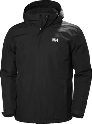 A black Helly Hansen jacket is shown against a white background.