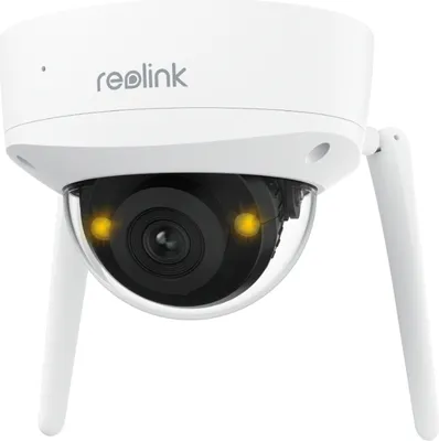 A white Reolink security camera with a black lens and two yellow indicator lights is shown against a white background.