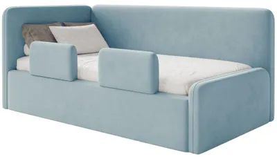 Obrázek produktu pro Selsey Fanko – dětská postýlka 90x200 cm s ochranou proti vypadnutí, matrací, čelem vlevo, sametem, světle modrá