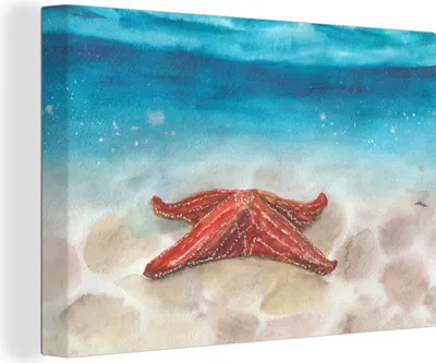 Produktbild von OneMillionCanvasses® - Leinwandbilder - 150x100 cm, Meer - Aquarell - Seestern, Wandbilder Kunstdruck Wanddekoration