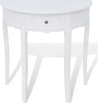 A white console table with a single drawer is shown against a white background.