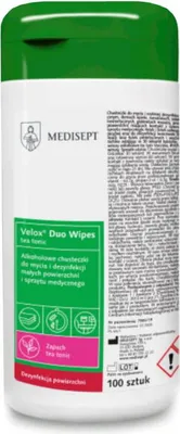 Produktbild von Velox Duo Wipes Tea Tonic Alkoholtücher zur schnellen Desinfektion und Reinigung, Dose mit 100 Stück.