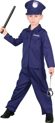 A child dressed in a police costume, holding a baton and handcuffs.