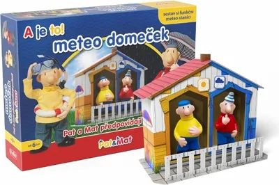 A toy weather station set from the Pat & Mat series, shown with its packaging and the assembled toy.