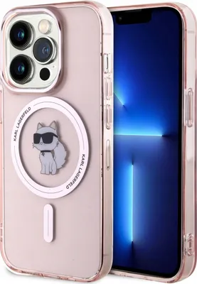 A pink iPhone case with a Karl Lagerfeld Choupette cat design and MagSafe compatibility is shown next to an iPhone.