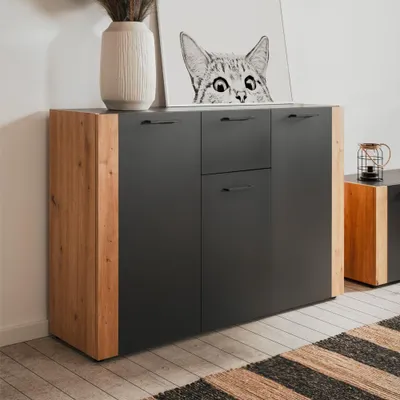 Immagine prodotto di Madia Cento01B con 3 ante e 1 cassetto colore antracite con laterali in rovere artisan 125 cm