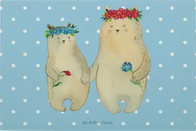 Produktbild von Mr. & Mrs. Panda Glas Schneidbrett Bären mit Blumenkranz - Blau Pastell - Geschenk, Schneidebrett Aus, Schneidplatte, Schneideplatte, Family, Kinder, Familie, Muttertag