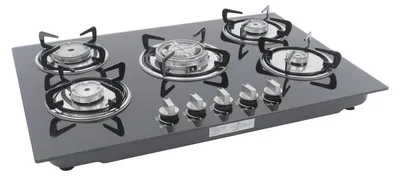 Imagen del producto de Cocina a gas, 5 quemadores, superficie de vidrio templado, color negro